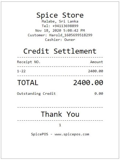 Credit Settlement Receipt